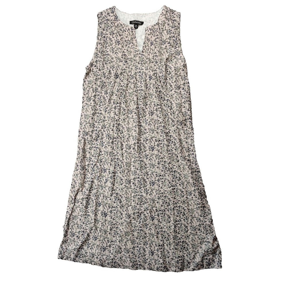 Chadwicks Linen Green Floral‎ Sleeveless  Zip Pleated Dress Petite Medium PM